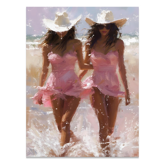 Premium Poster of Two Women in Pink Dresses with Cowboy Hats on Beach Posters
