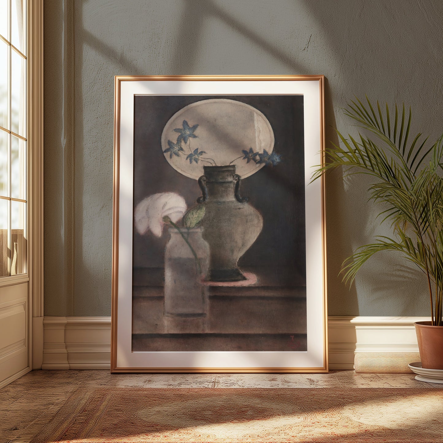 Premium Poster of Vase with Blue and White Flowers Artistic Posters