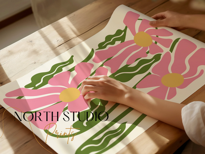 Premium Poster of Vibrant Abstract Flowers Artwork Colorful Pink Green Posters