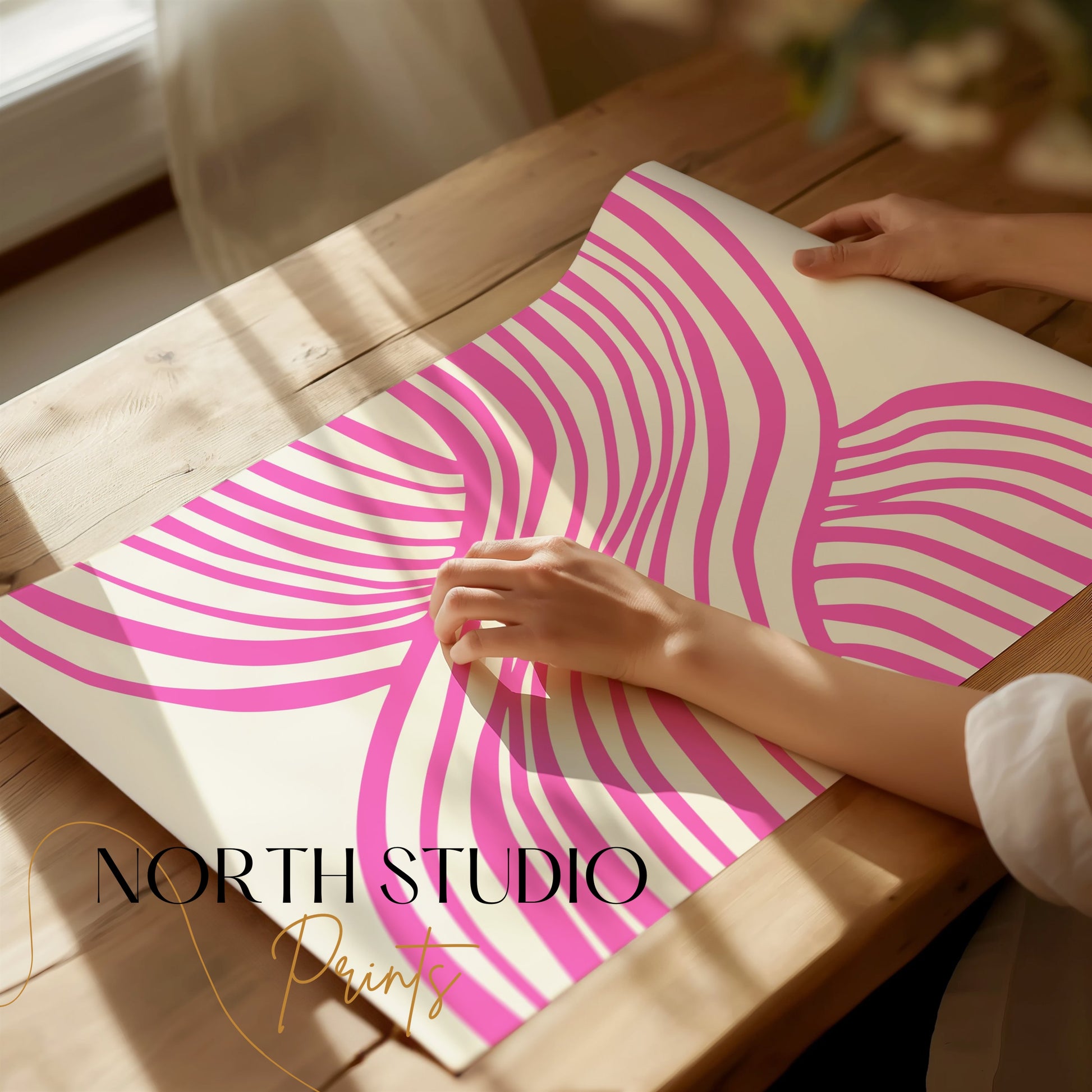 Premium Poster of Vibrant Abstract Pink and White Wave Design Posters