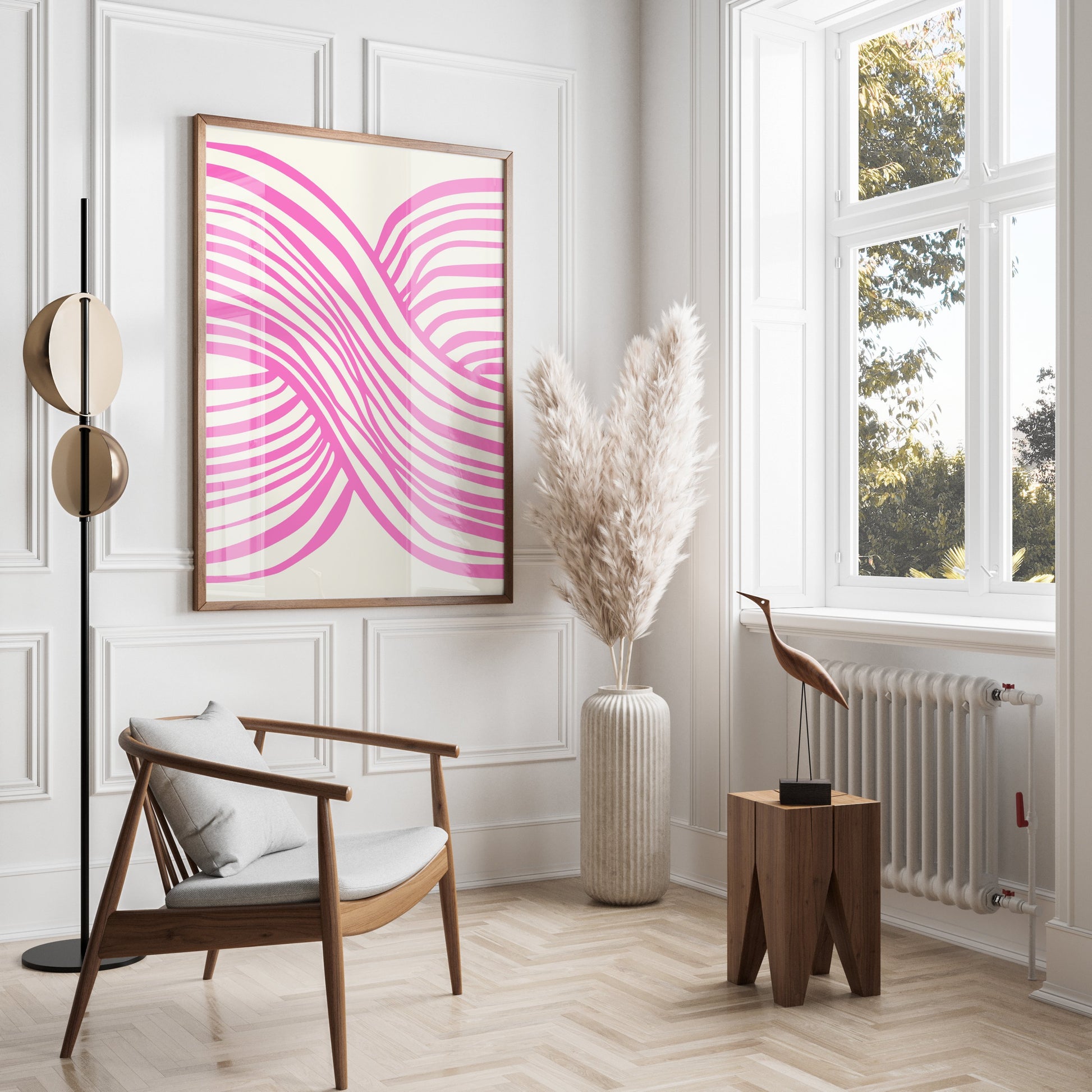 Premium Poster of Vibrant Abstract Pink and White Wave Design Posters