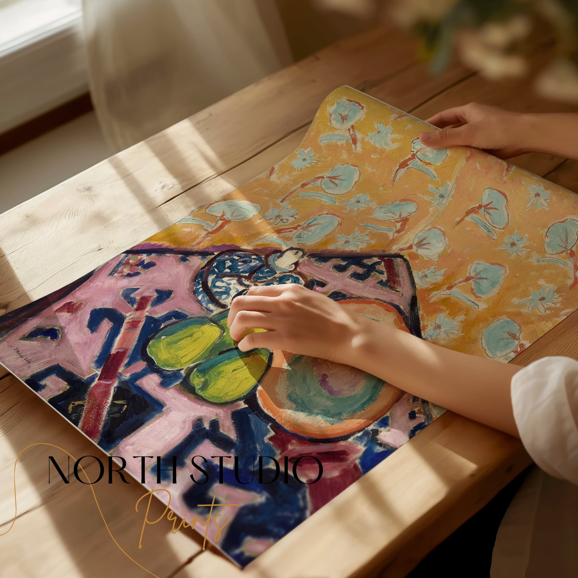 Premium Poster of Vibrant Artistic Still Life with Pears and Patterns Posters