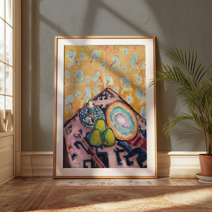 Premium Poster of Vibrant Artistic Still Life with Pears and Patterns Posters