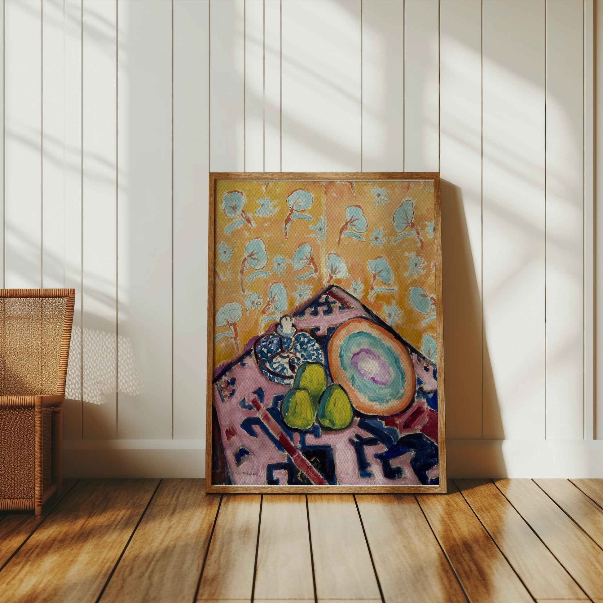 Premium Poster of Vibrant Artistic Still Life with Pears and Patterns Posters