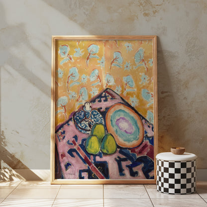 Premium Poster of Vibrant Artistic Still Life with Pears and Patterns Posters