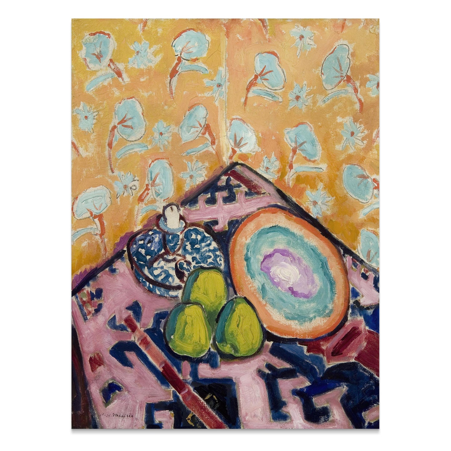Premium Poster of Vibrant Artistic Still Life with Pears and Patterns Posters
