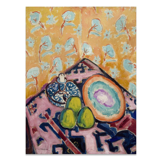 Premium Poster of Vibrant Artistic Still Life with Pears and Patterns Posters