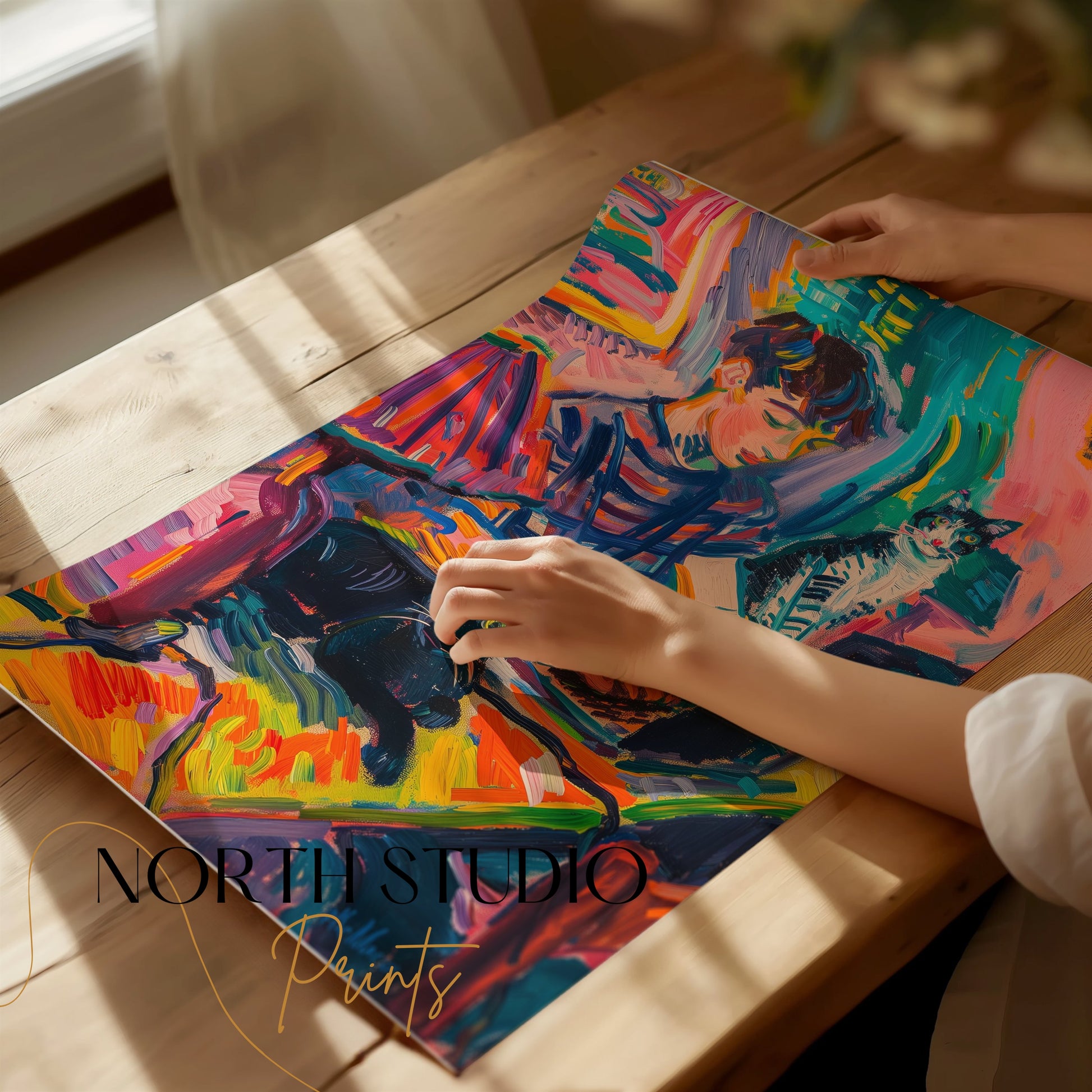 Premium Poster of Vibrant Artwork of Boy with Cats Using Laptop Posters
