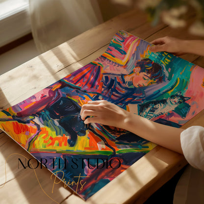 Premium Poster of Vibrant Artwork of Boy with Cats Using Laptop Posters