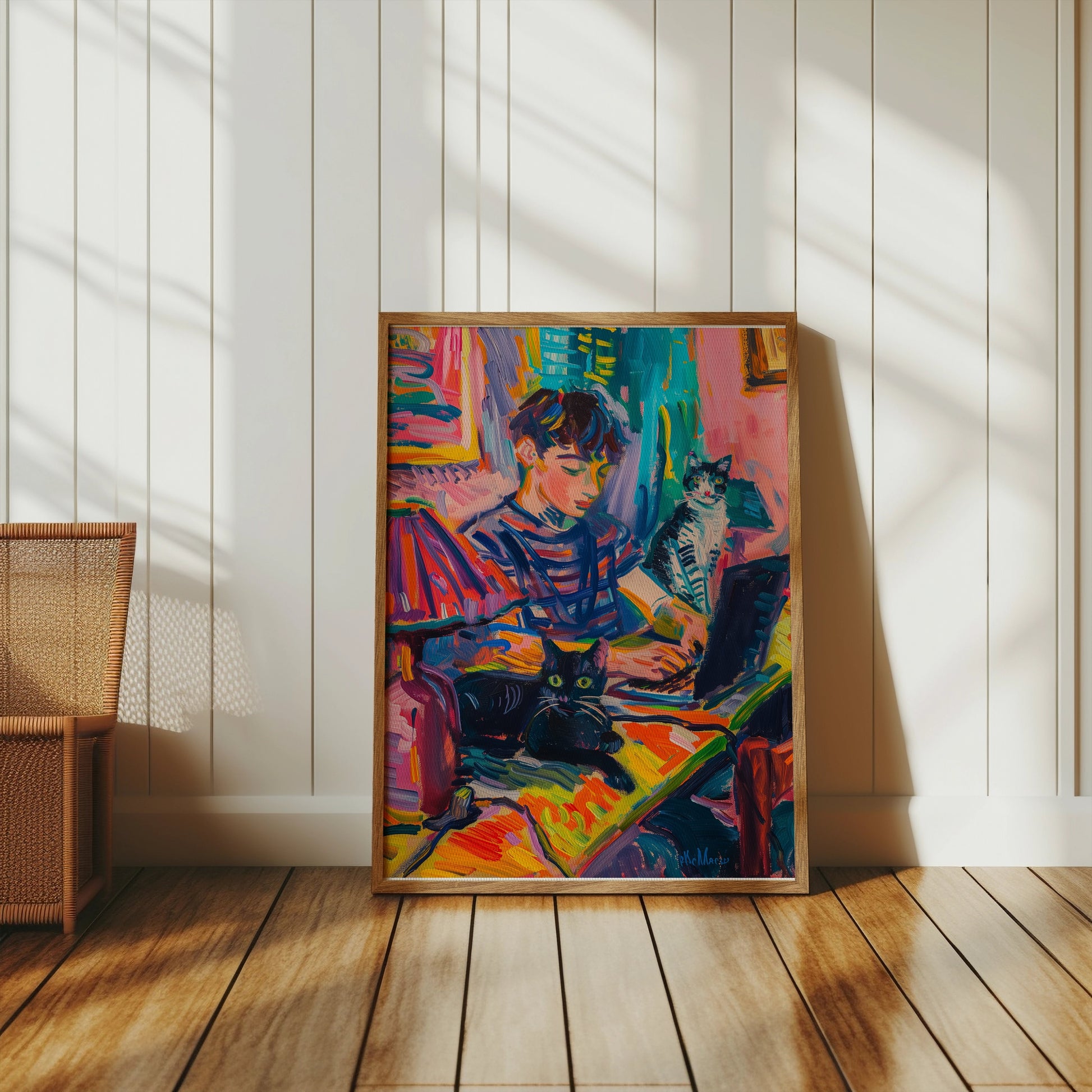 Premium Poster of Vibrant Artwork of Boy with Cats Using Laptop Posters