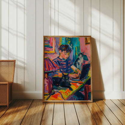 Premium Poster of Vibrant Artwork of Boy with Cats Using Laptop Posters