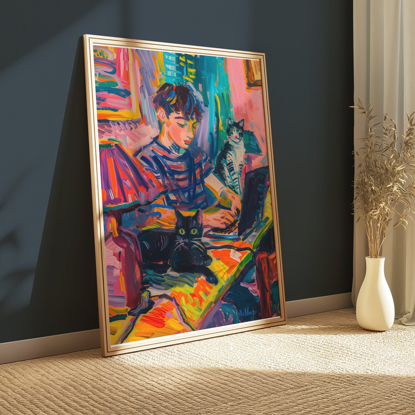 Premium Poster of Vibrant Artwork of Boy with Cats Using Laptop Posters