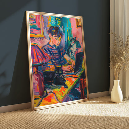 Premium Poster of Vibrant Artwork of Boy with Cats Using Laptop Posters