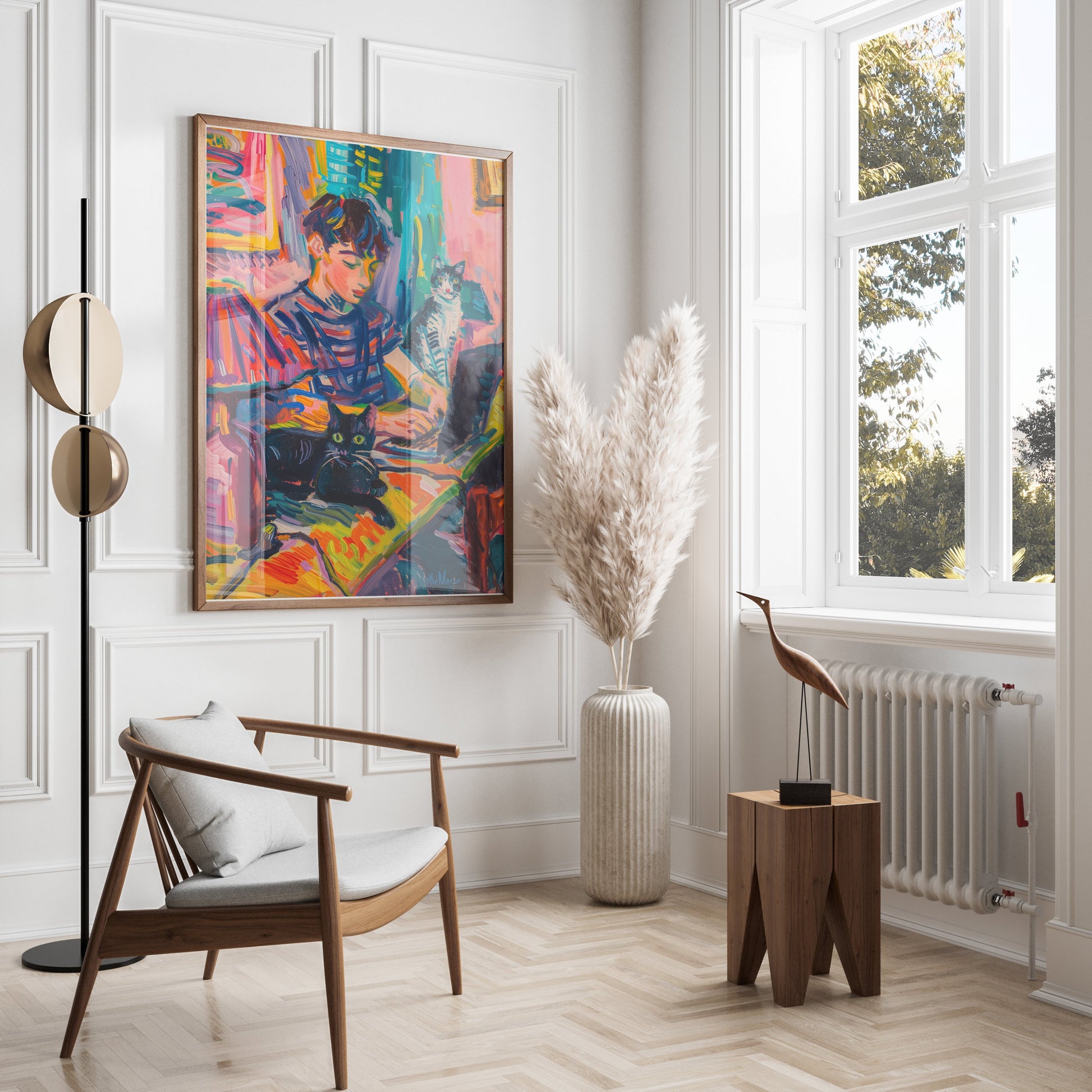 Premium Poster of Vibrant Artwork of Boy with Cats Using Laptop Posters