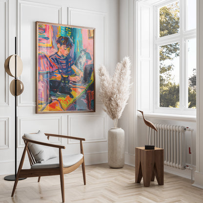 Premium Poster of Vibrant Artwork of Boy with Cats Using Laptop Posters