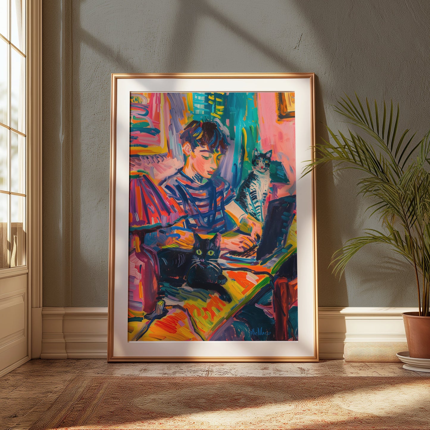 Premium Poster of Vibrant Artwork of Boy with Cats Using Laptop Posters