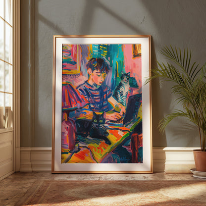 Premium Poster of Vibrant Artwork of Boy with Cats Using Laptop Posters