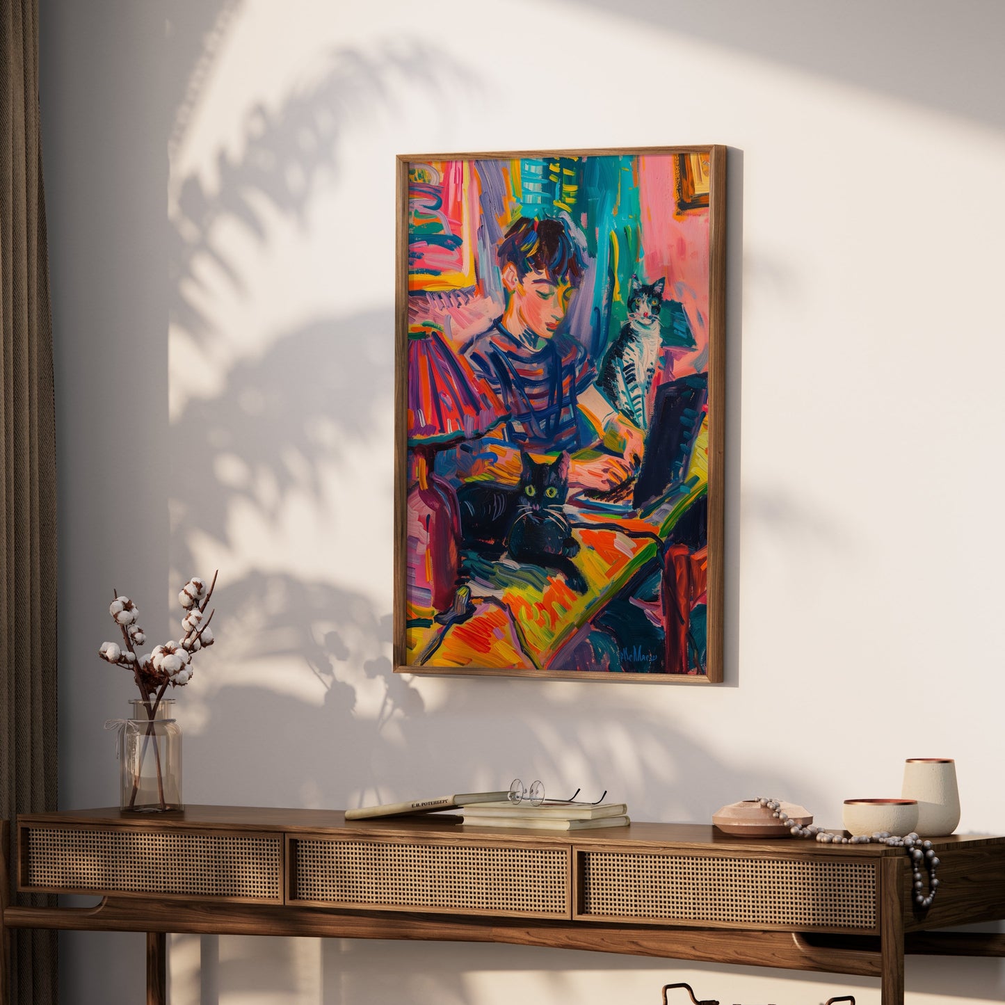 Premium Poster of Vibrant Artwork of Boy with Cats Using Laptop Posters