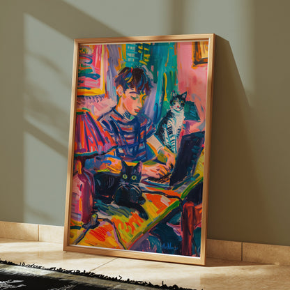 Premium Poster of Vibrant Artwork of Boy with Cats Using Laptop Posters