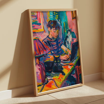 Premium Poster of Vibrant Artwork of Boy with Cats Using Laptop Posters