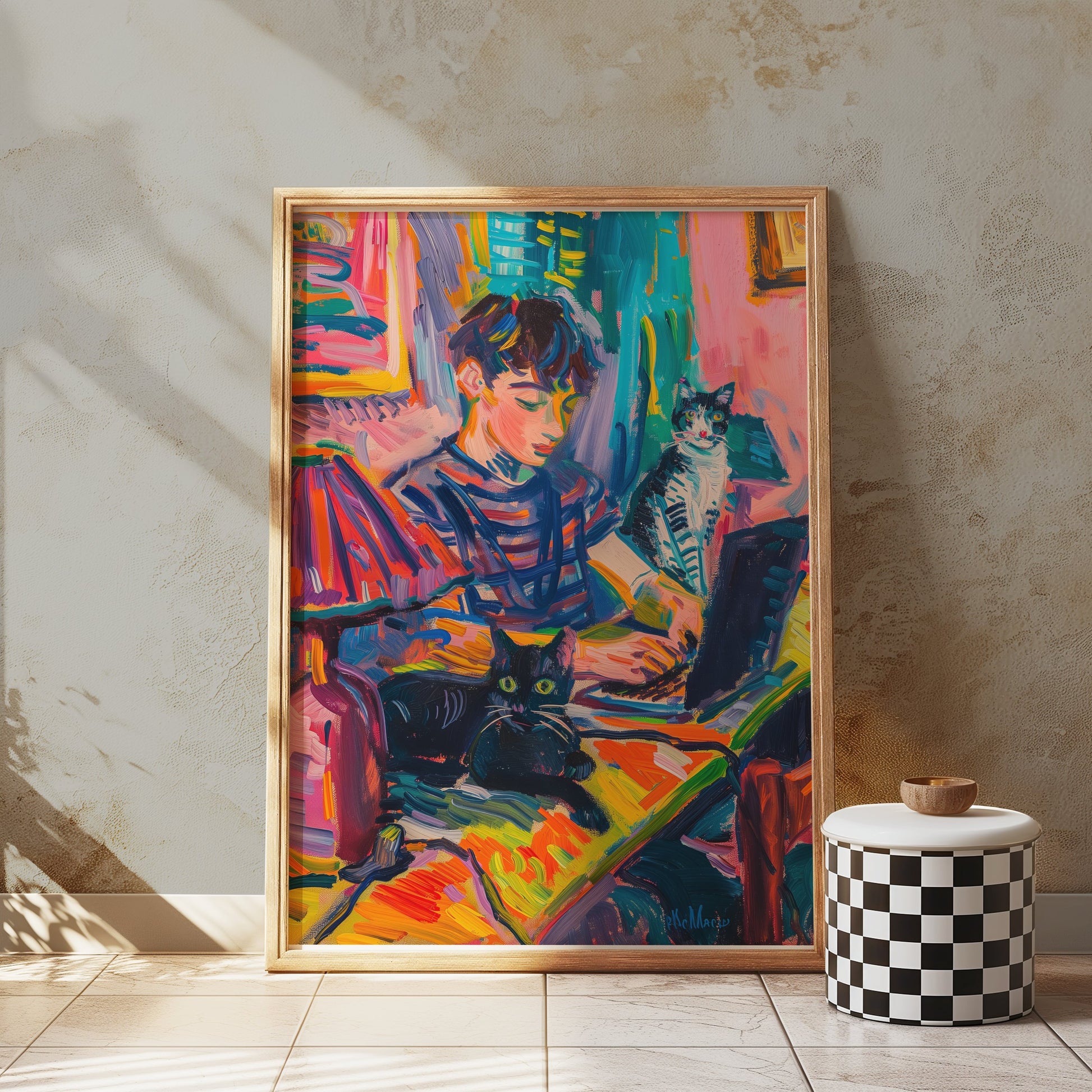Premium Poster of Vibrant Artwork of Boy with Cats Using Laptop Posters