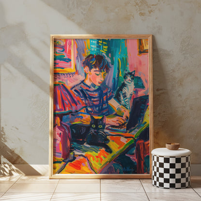 Premium Poster of Vibrant Artwork of Boy with Cats Using Laptop Posters