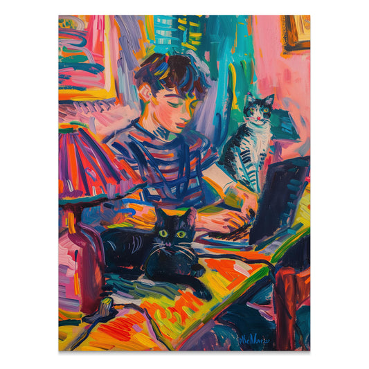 Premium Poster of Vibrant Artwork of Boy with Cats Using Laptop Posters
