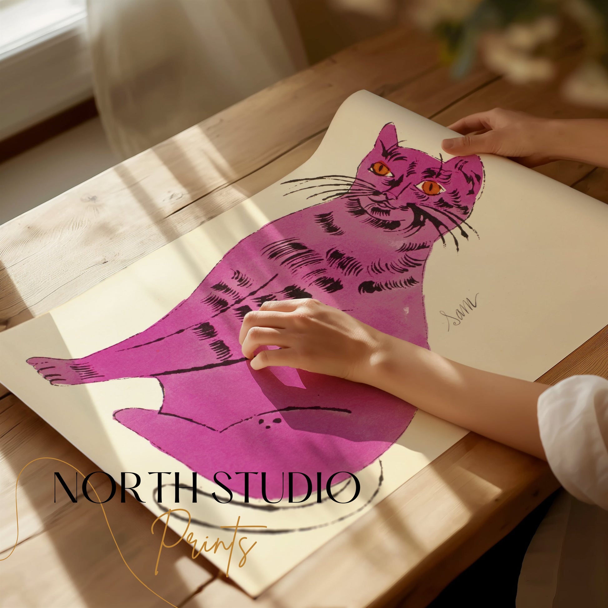 Premium Poster of Vibrant Artwork of a Purple Cat with Orange Eyes Posters