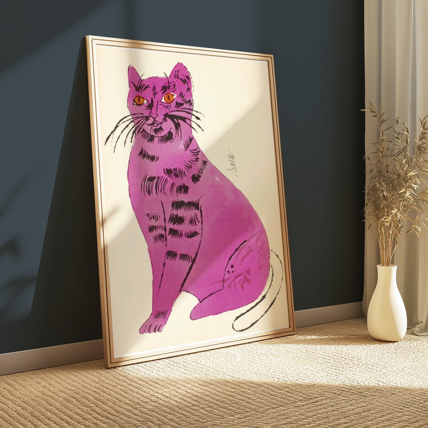 Premium Poster of Vibrant Artwork of a Purple Cat with Orange Eyes Posters