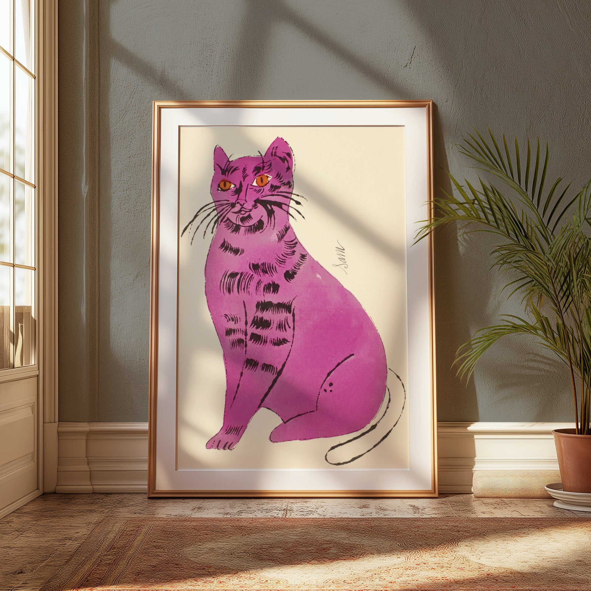Premium Poster of Vibrant Artwork of a Purple Cat with Orange Eyes Posters