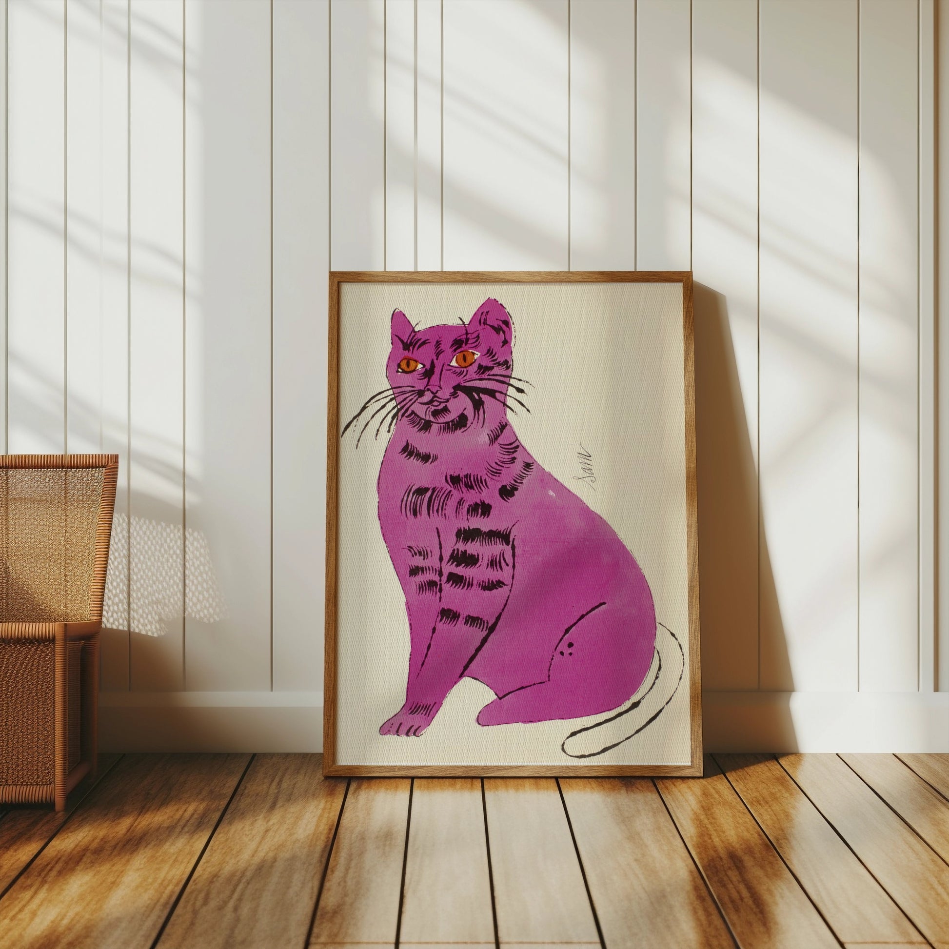 Premium Poster of Vibrant Artwork of a Purple Cat with Orange Eyes Posters