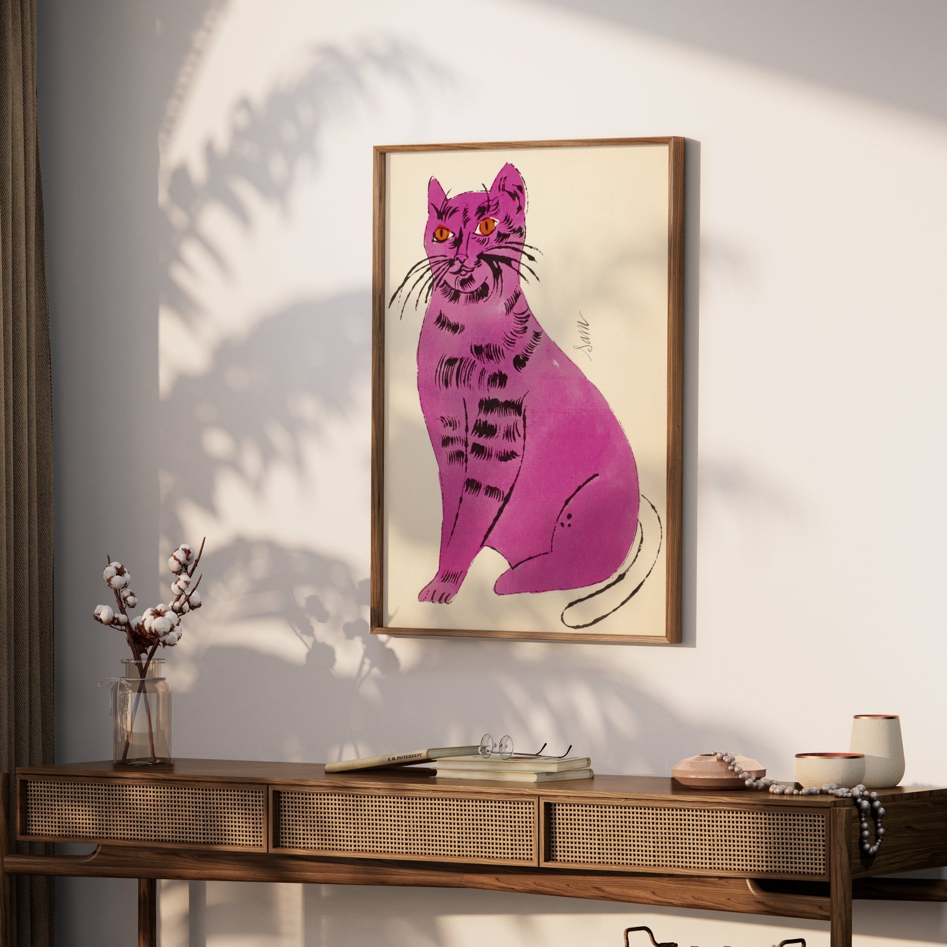 Premium Poster of Vibrant Artwork of a Purple Cat with Orange Eyes Posters