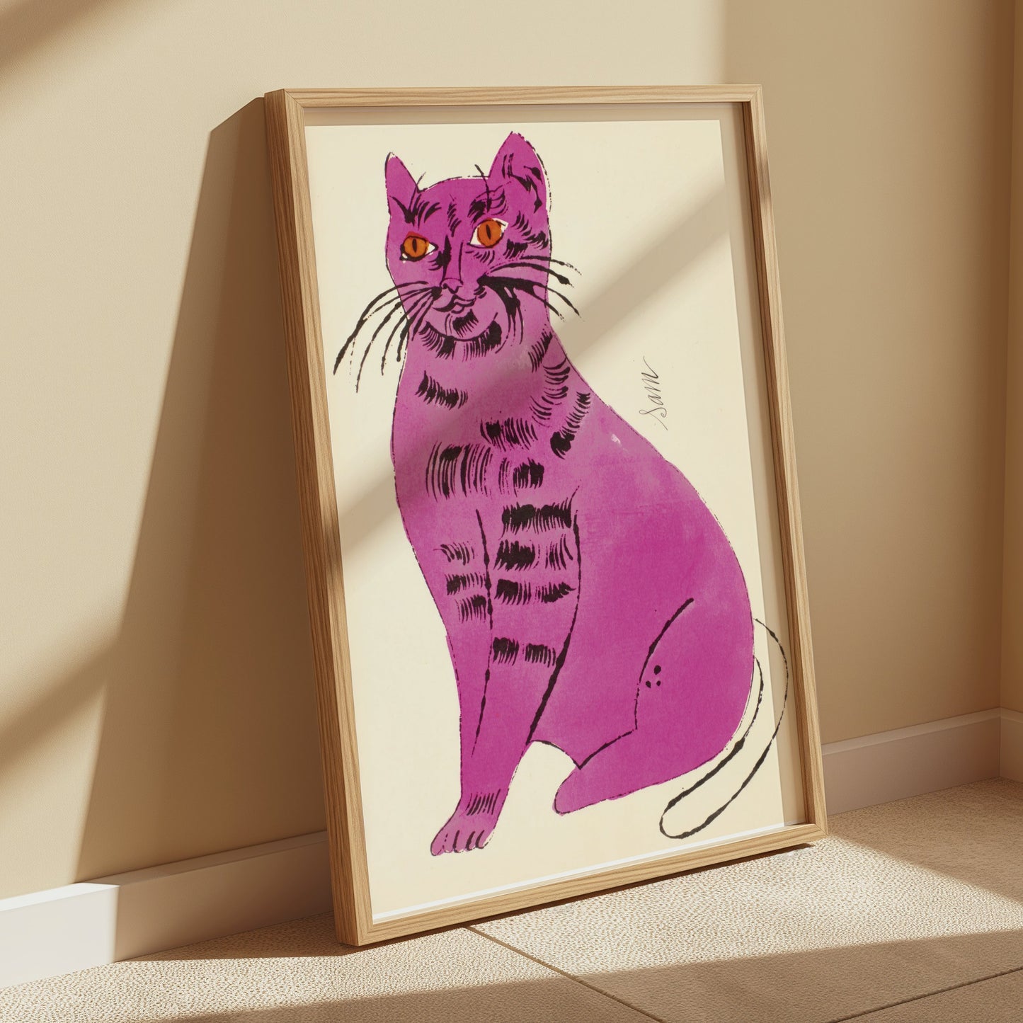 Premium Poster of Vibrant Artwork of a Purple Cat with Orange Eyes Posters