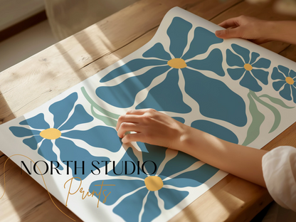 Premium Poster of Vibrant Blue Petals with Yellow Center Art Design Posters