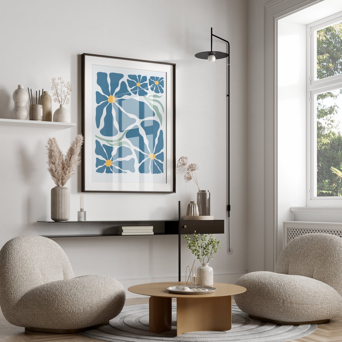 Premium Poster of Vibrant Blue Petals with Yellow Center Art Design Posters