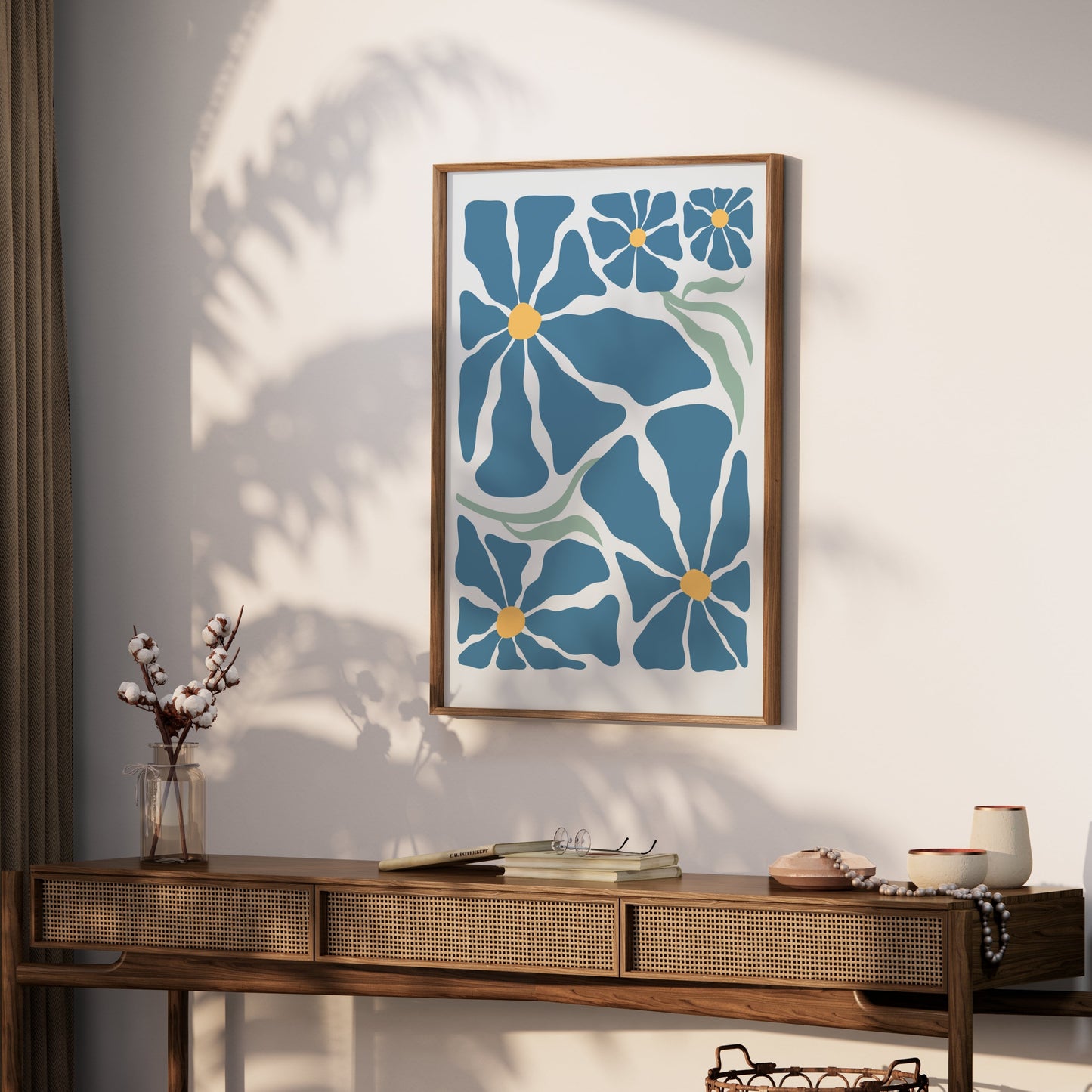 Premium Poster of Vibrant Blue Petals with Yellow Center Art Design Posters