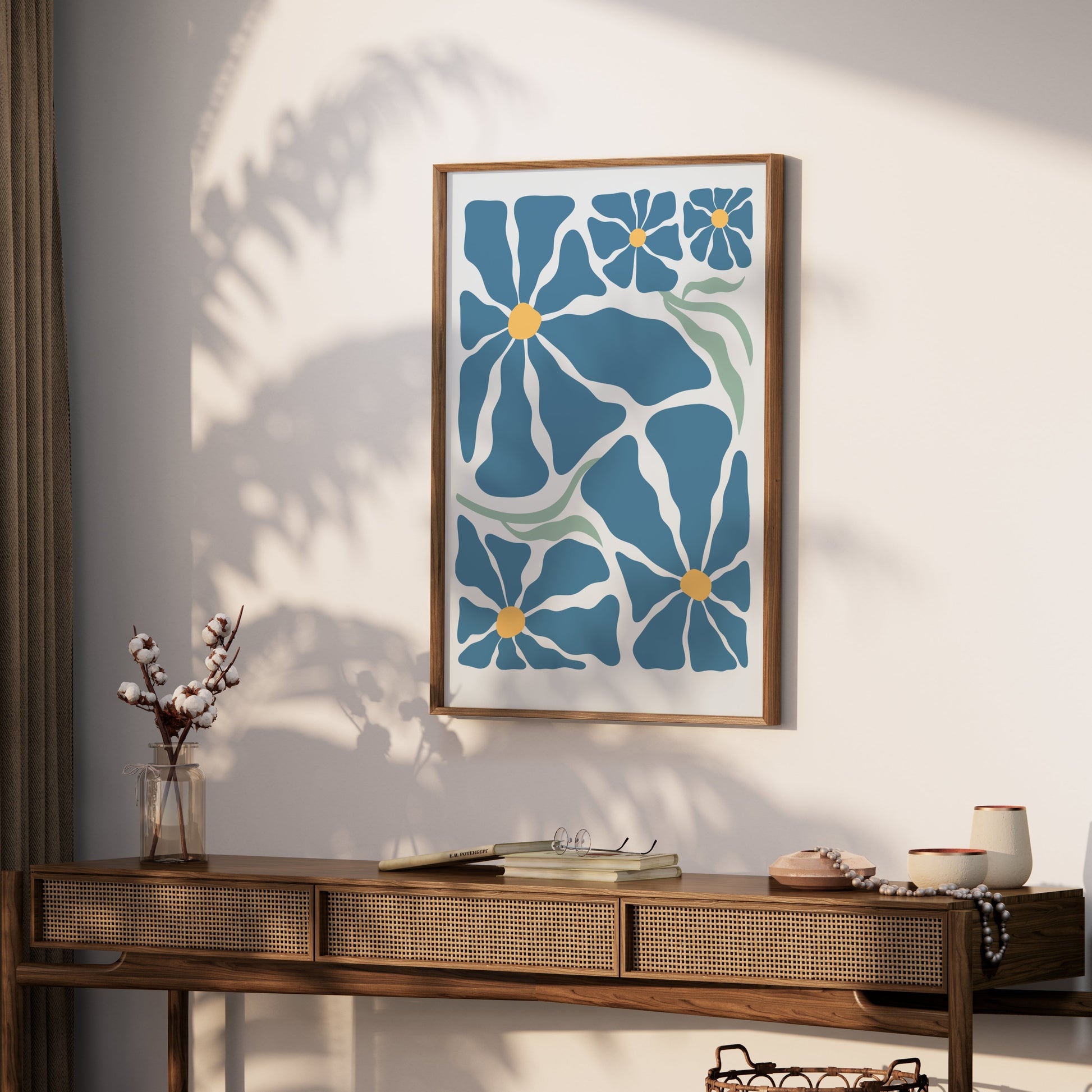Premium Poster of Vibrant Blue Petals with Yellow Center Art Design Posters