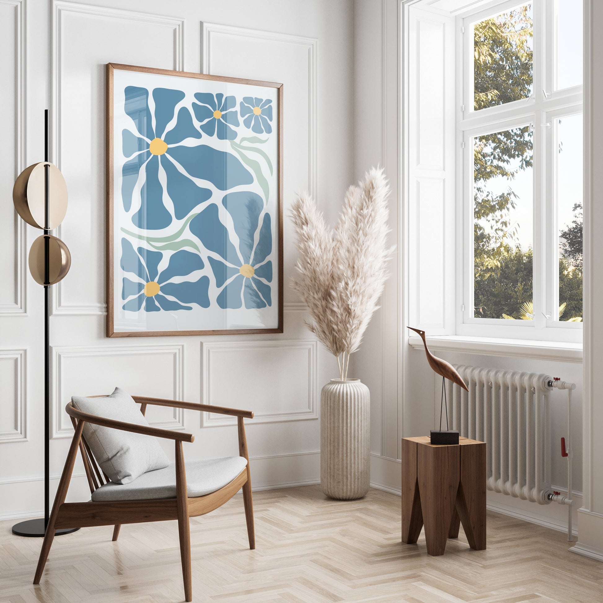 Premium Poster of Vibrant Blue Petals with Yellow Center Art Design Posters