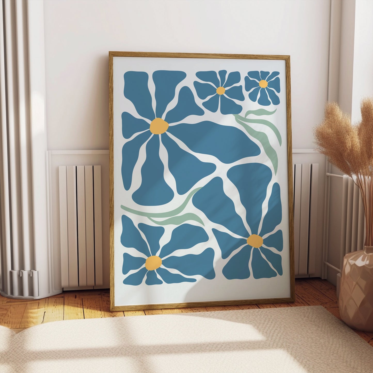 Premium Poster of Vibrant Blue Petals with Yellow Center Art Design Posters