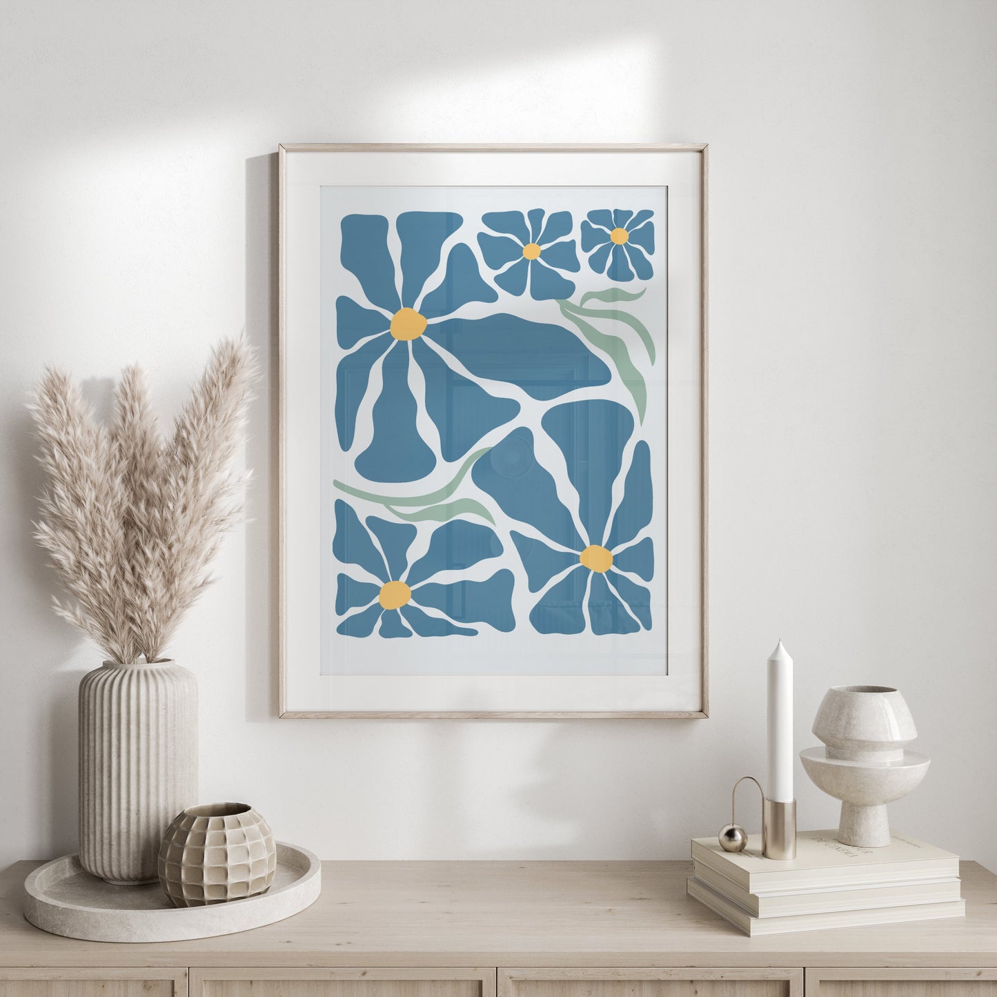 Premium Poster of Vibrant Blue Petals with Yellow Center Art Design Posters