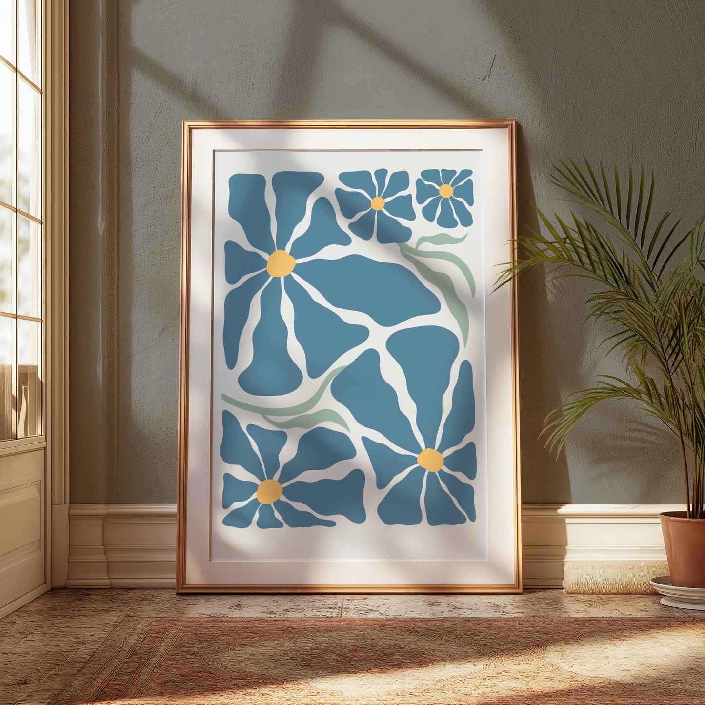 Premium Poster of Vibrant Blue Petals with Yellow Center Art Design Posters