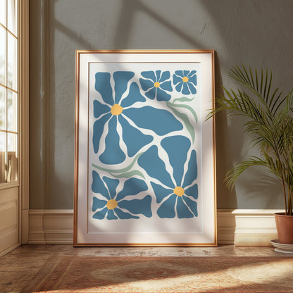 Premium Poster of Vibrant Blue Petals with Yellow Center Art Design Posters