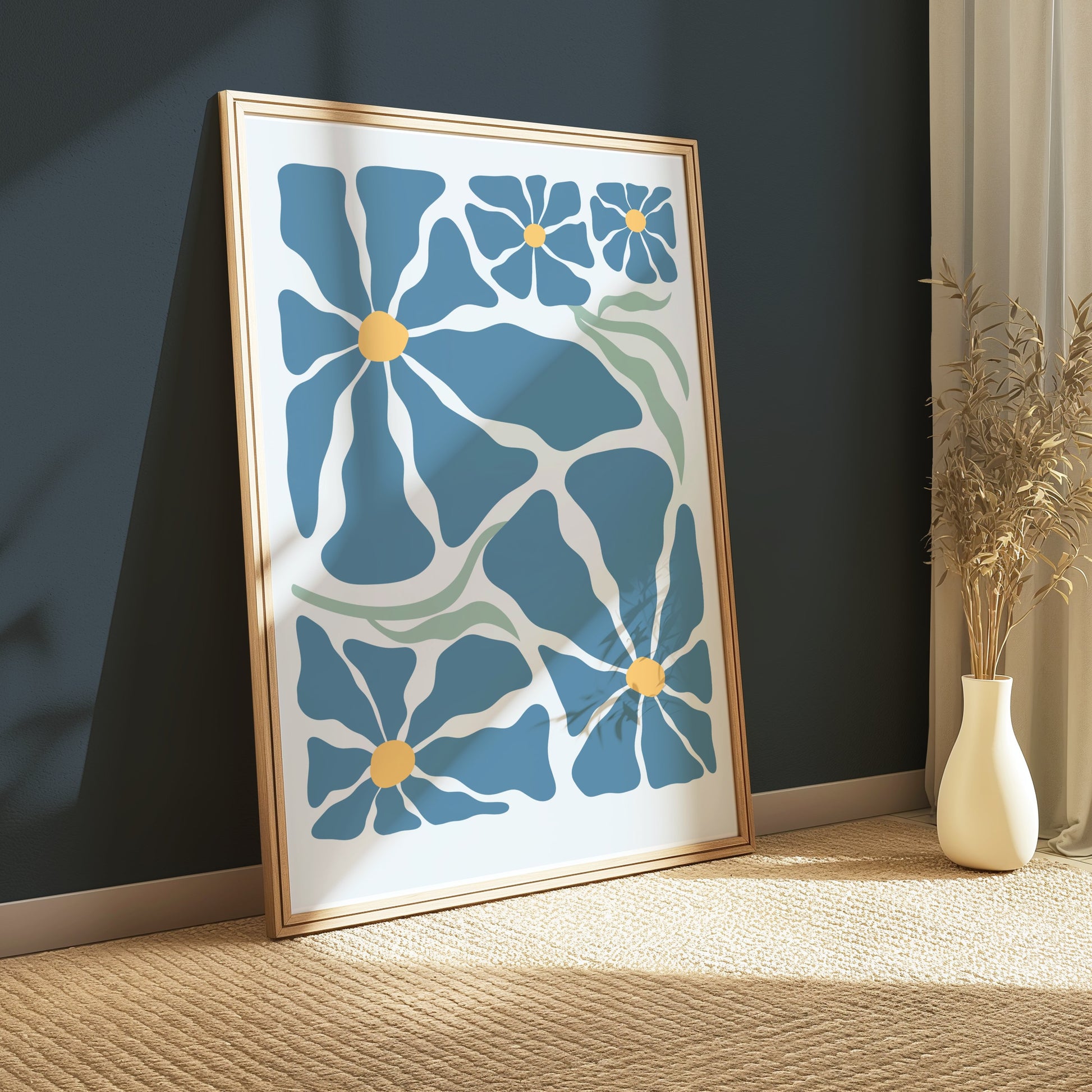 Premium Poster of Vibrant Blue Petals with Yellow Center Art Design Posters