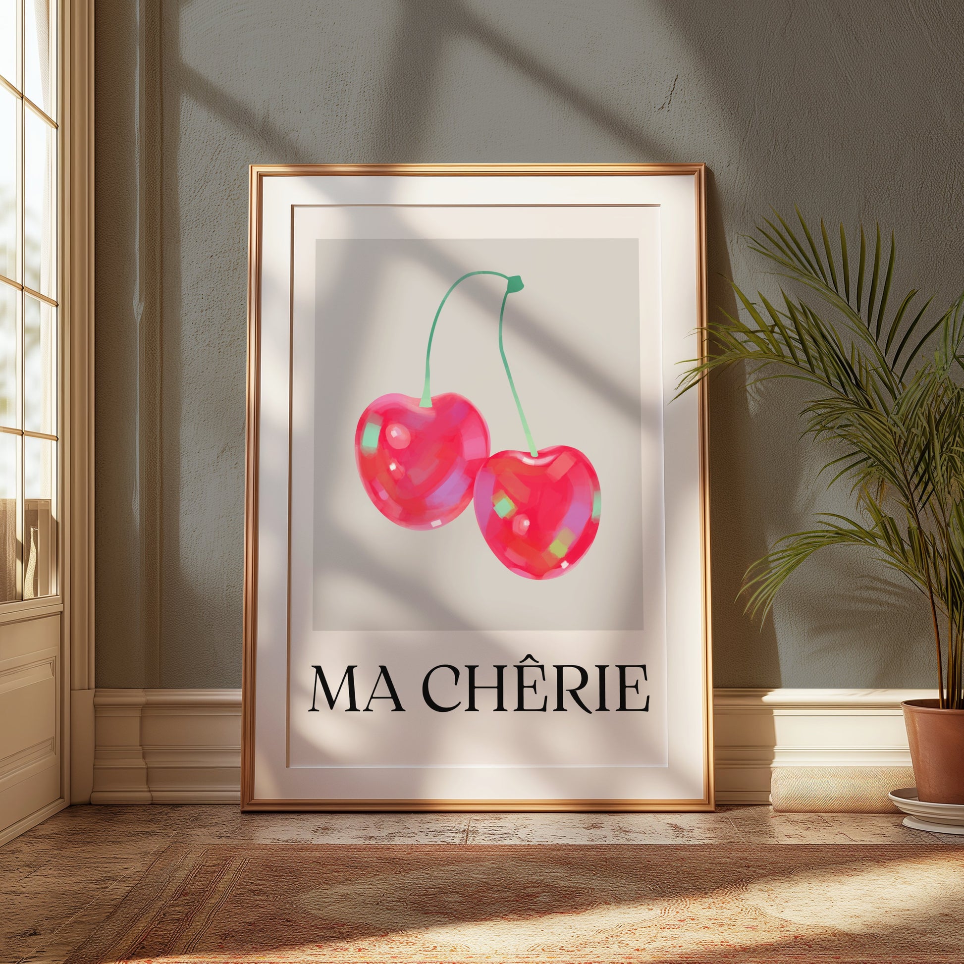 Premium Poster of Vibrant Cherry Image with Ma Chérie Text Posters
