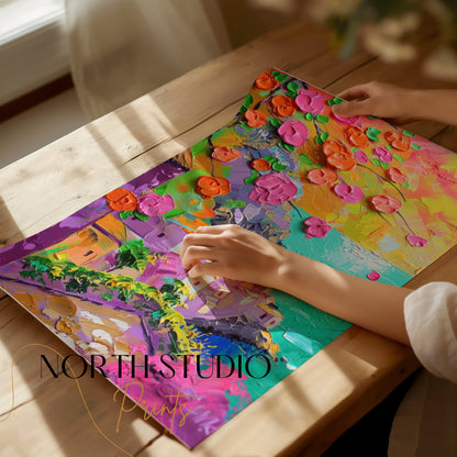 Premium Poster of Vibrant Coastal Town Oil Painting Art Posters