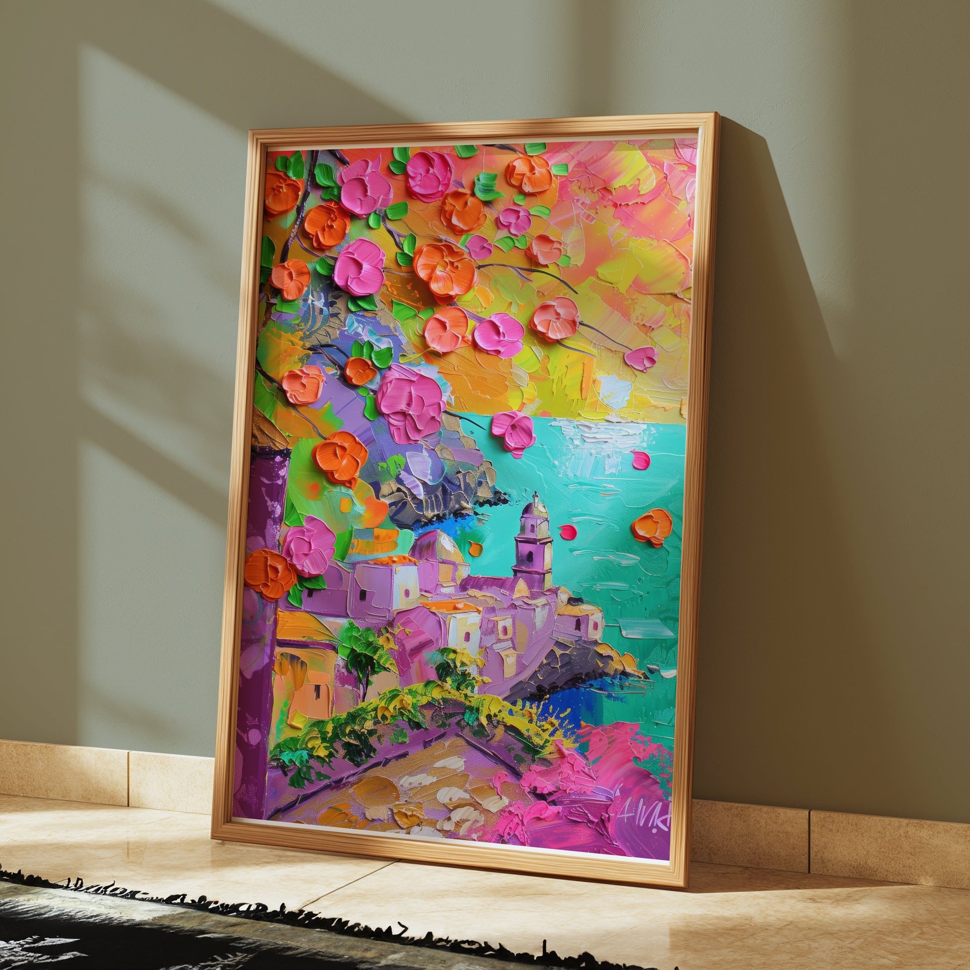 Premium Poster of Vibrant Coastal Town Oil Painting Art Posters