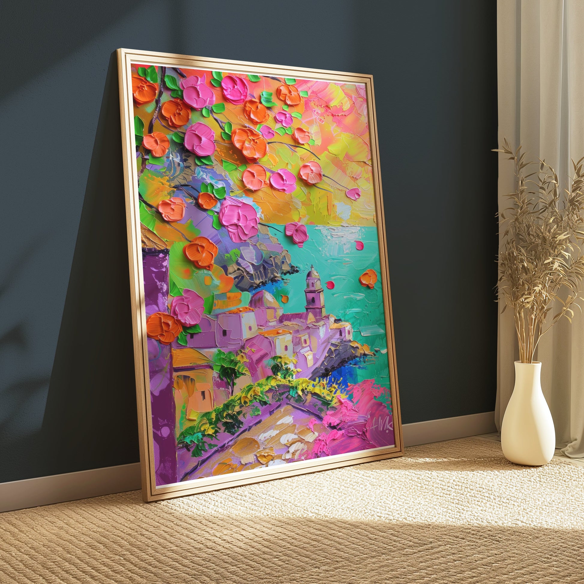 Premium Poster of Vibrant Coastal Town Oil Painting Art Posters