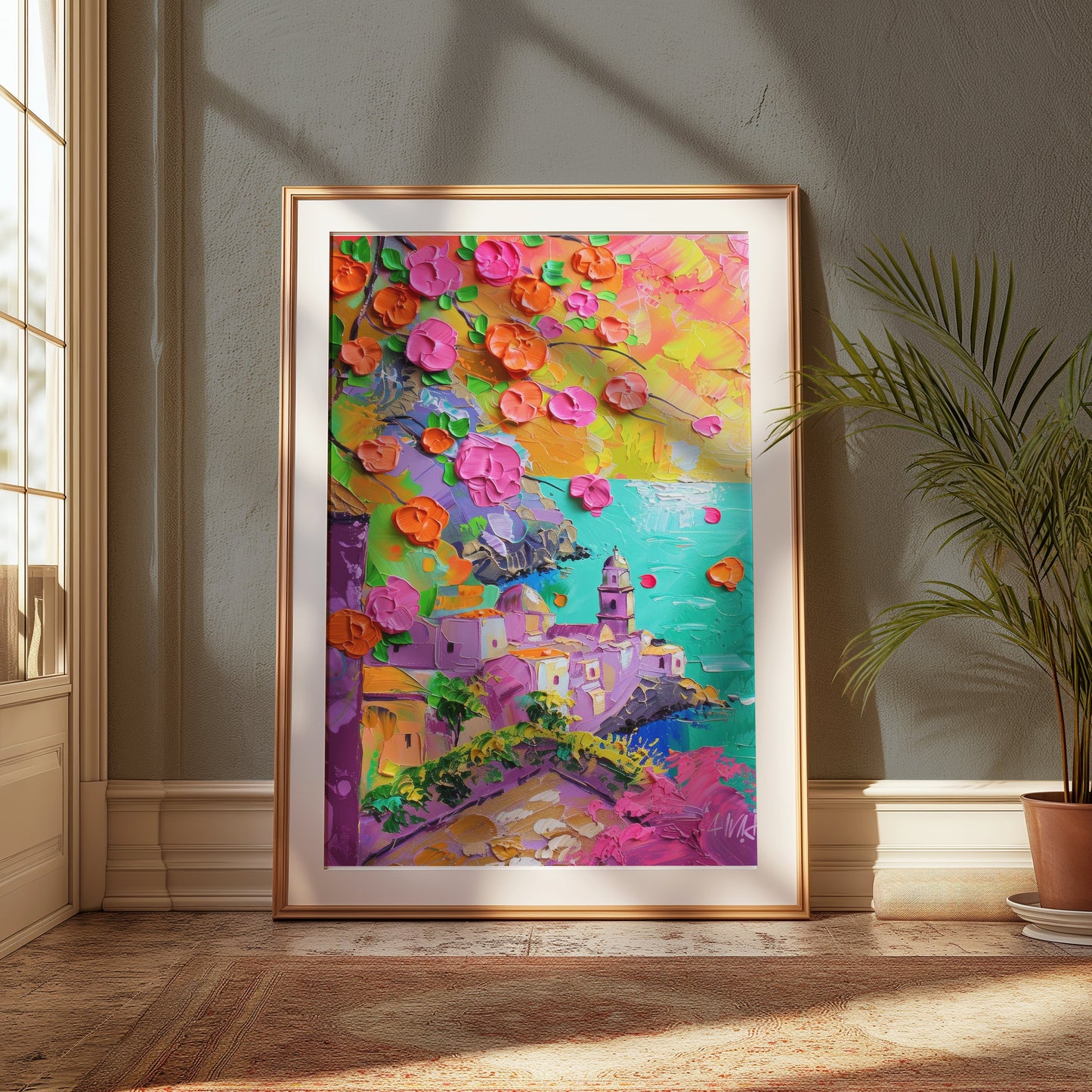 Premium Poster of Vibrant Coastal Town Oil Painting Art Posters