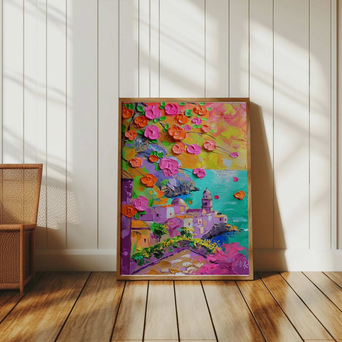 Premium Poster of Vibrant Coastal Town Oil Painting Art Posters