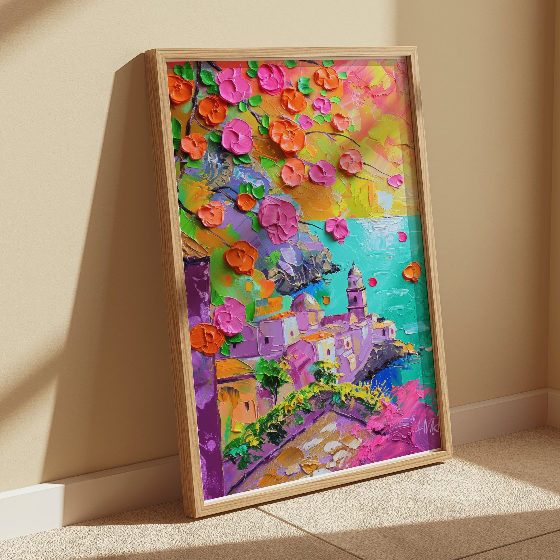 Premium Poster of Vibrant Coastal Town Oil Painting Art Posters
